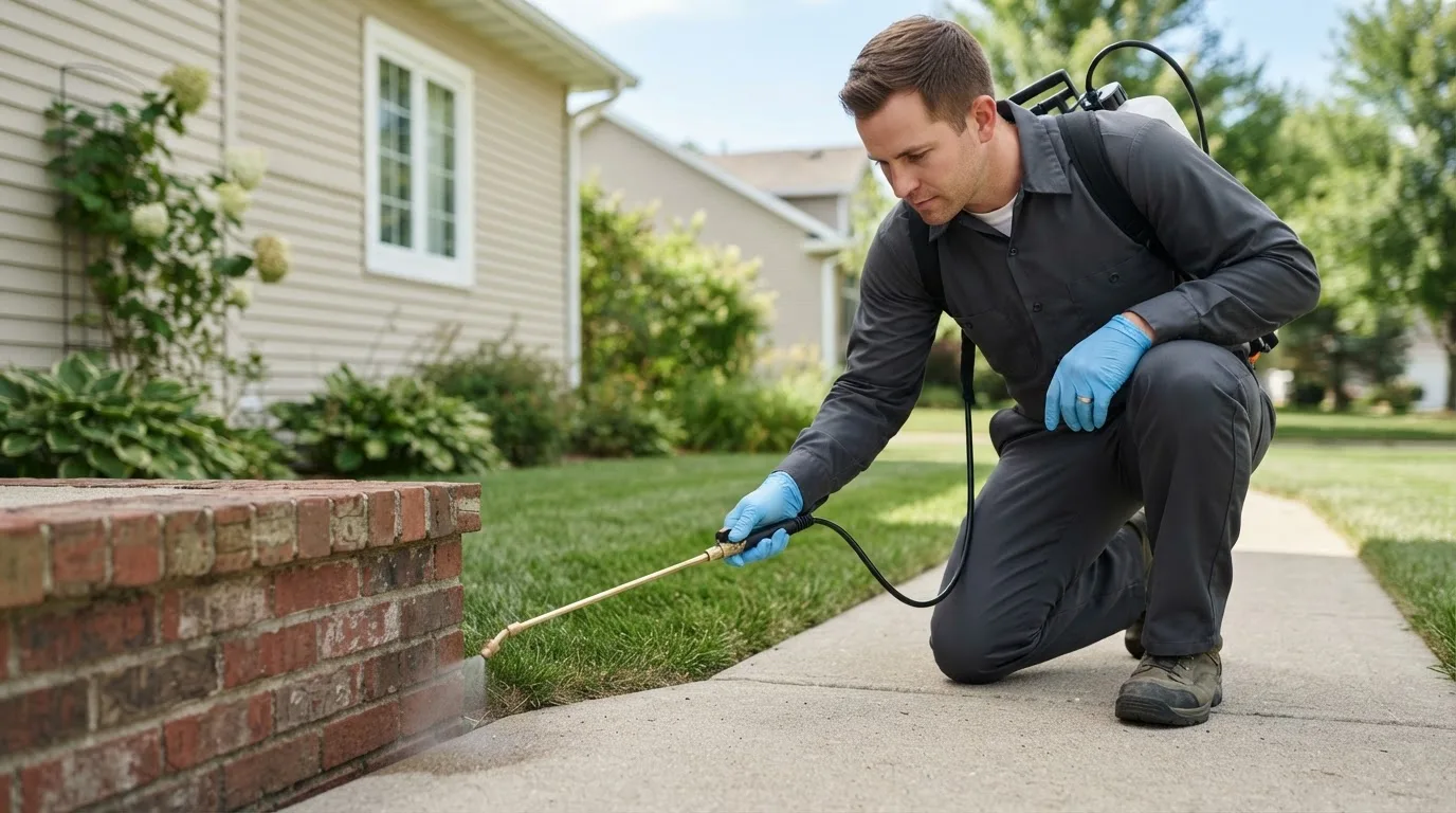 Pest control technician treating a home near Hymera, IN
