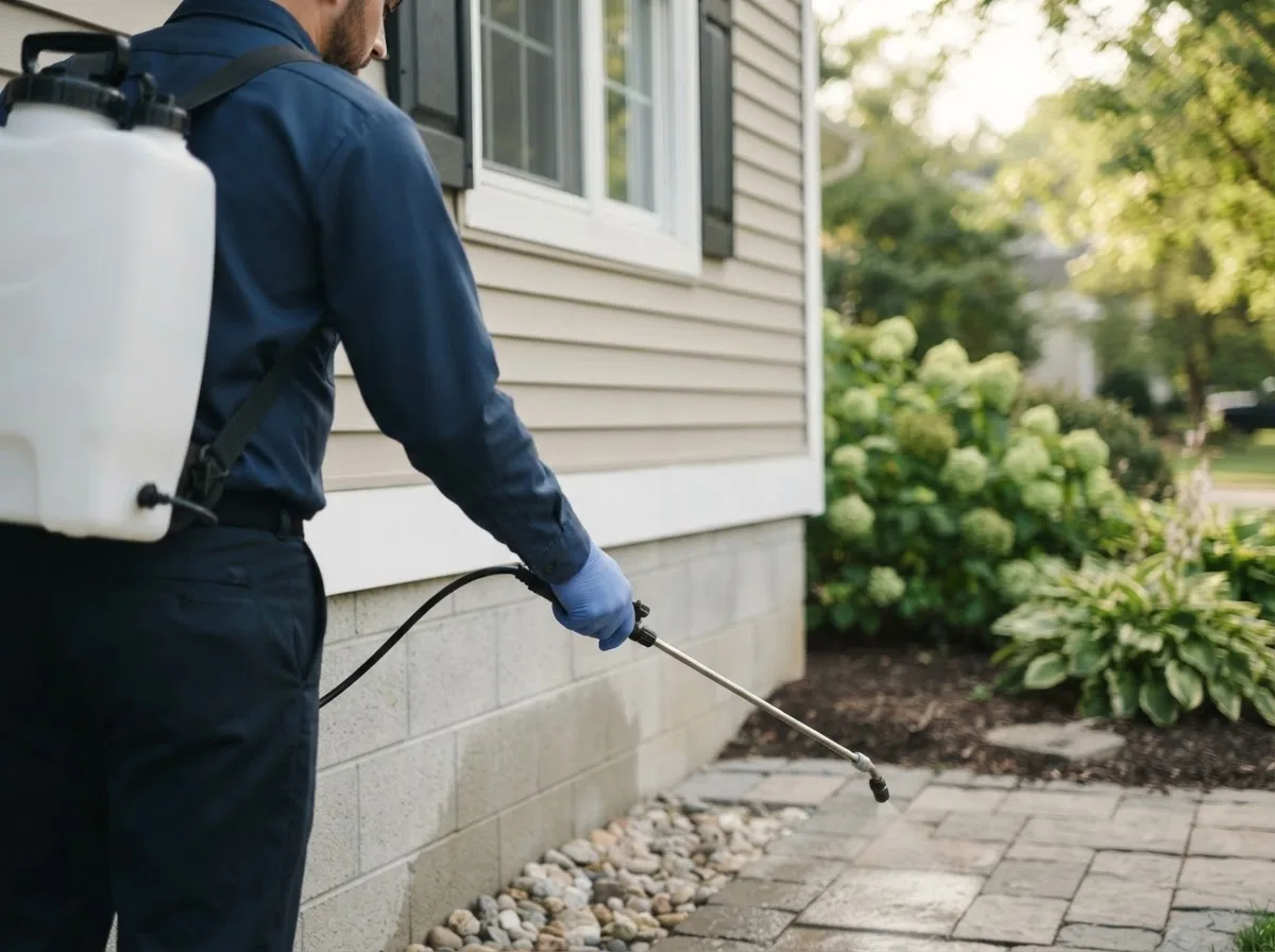 Pest control technician inspecting a home in Hymera, IN